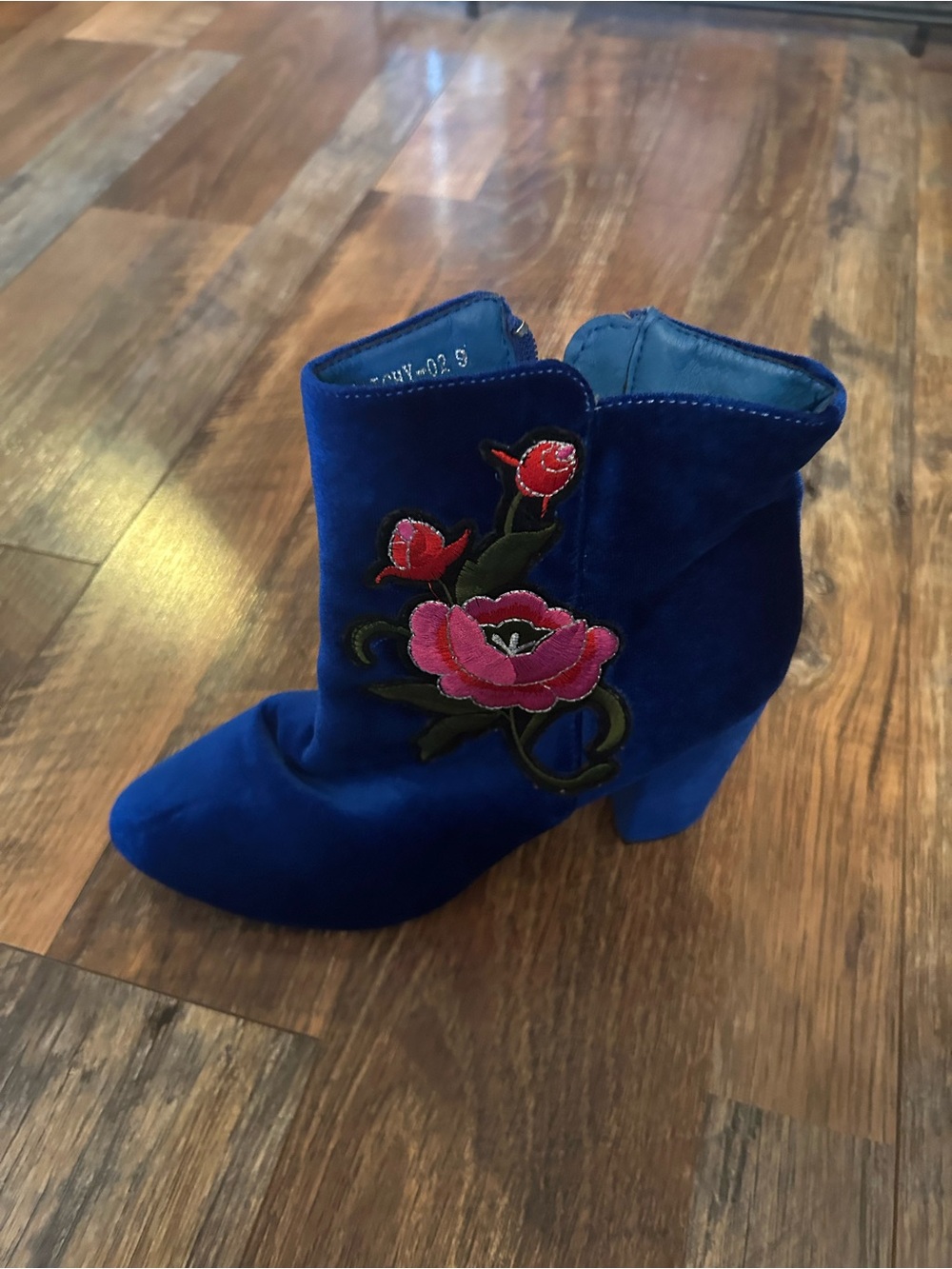 Velvet Blue Ankle Boots with Pink Rose Embroidery